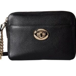 Coach Pebbled Leather Turn Lock Black Leather Crossbody Bag